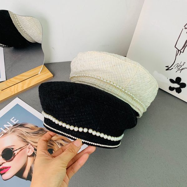 

fashion designer beret womens brand letter luxury black white pearl cloth hat beret cap lady outdoor travel warm winter windproof vacation b, Blue;gray