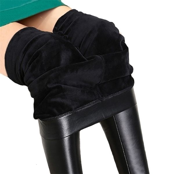 

women's leggings thick winter women pants warm tights casual velvet femme pu high waist legging black leather 5xl 220926