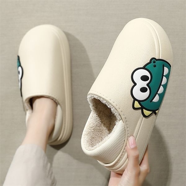 

slippers winter woman waterproof thick platform non-slip comfortable home cotton couple cartoon dinosaur slipper man 220923, Black