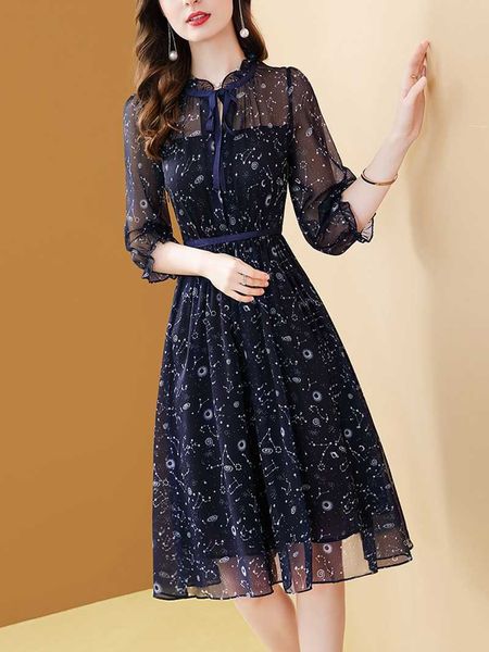 

casual dresses summer dress women clothes bow lace-up flower print chiffon dress ladies elegant three-quarter sleeve long work dresses 2021, Black;gray