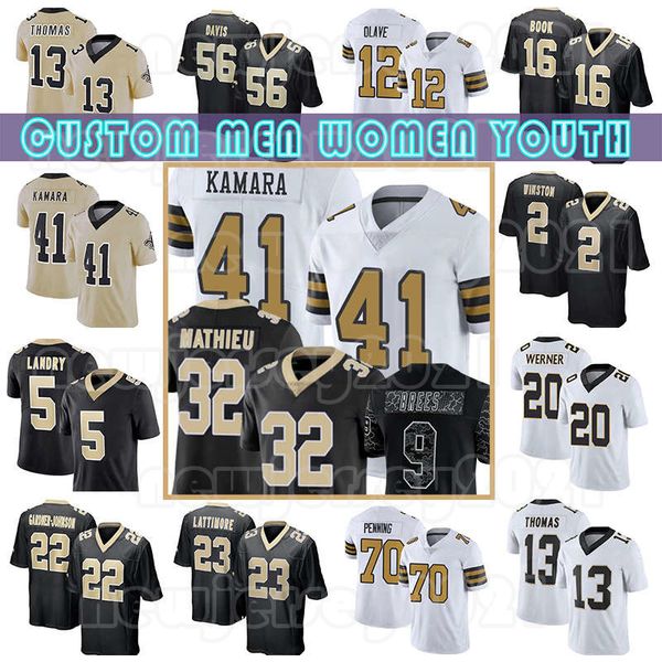 

fans tees 41 alvin kamara 32 tyrann mathieu 23 marshon lattimore football jerseys chris olave chauncey gardner-johnson michael thomas jarvi, Black