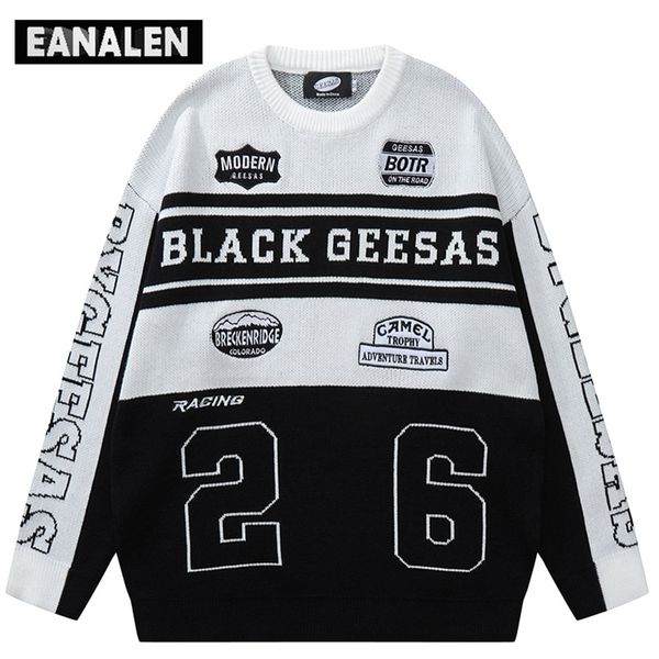 

men's sweaters harajuku vintage racing motorcycle jumper knitted sweater men's oversized pullover thick sweater grandpa ugly sweat, White;black