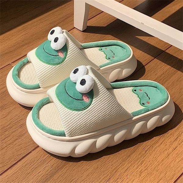 

slippers cartoon cute frog linen slippers for women thick bottom home shoes cotton linen couple indoor slippers funny male home slides 22092, Black