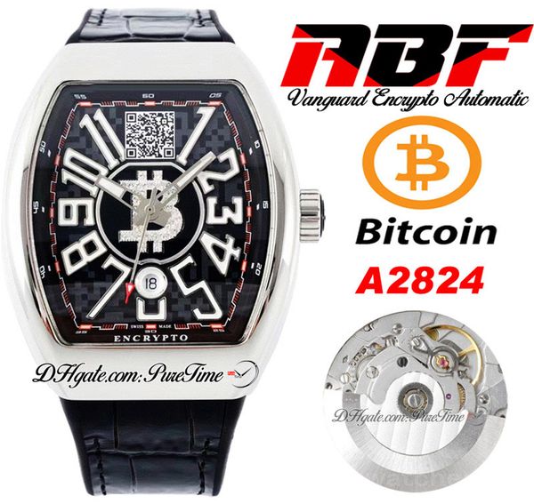 

abf vanguard encrypto v45 a2824 automatic mens watch steel case black dial with bitcoins wallet address big number leather strap super editi, Slivery;brown