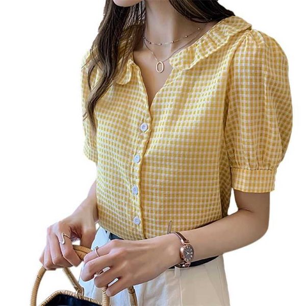 

women's blouses shirts fashion women plaid shirt chic checked blouse short sleeve female casual button shirts loose 220923, White