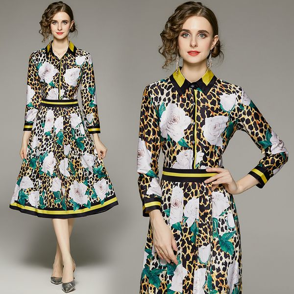 

2022 floral leopard printed midi shirt dress button long sleeve elegant womens casual office dresses designer runway turndown neck ladies co, Black;gray