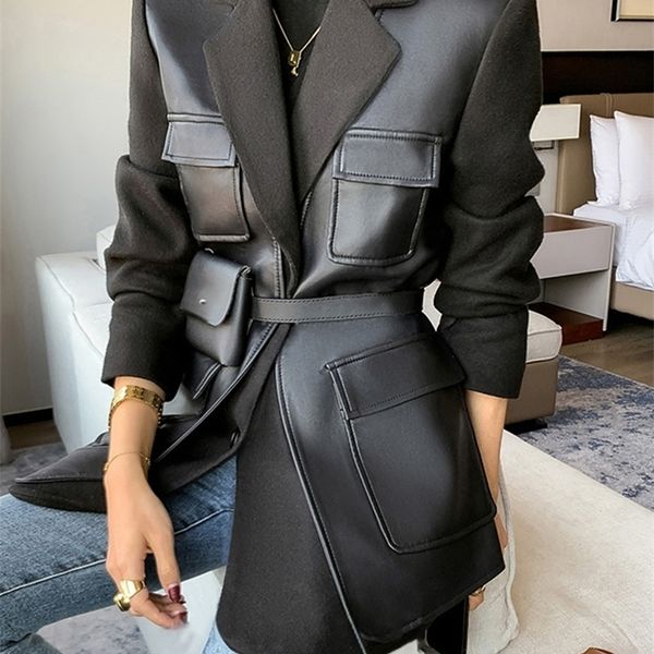 

women's trench coats nerazzurri autumn black wool blends patchwork leather jacket women with many pockets long sleeve korean fashion st, Tan;black