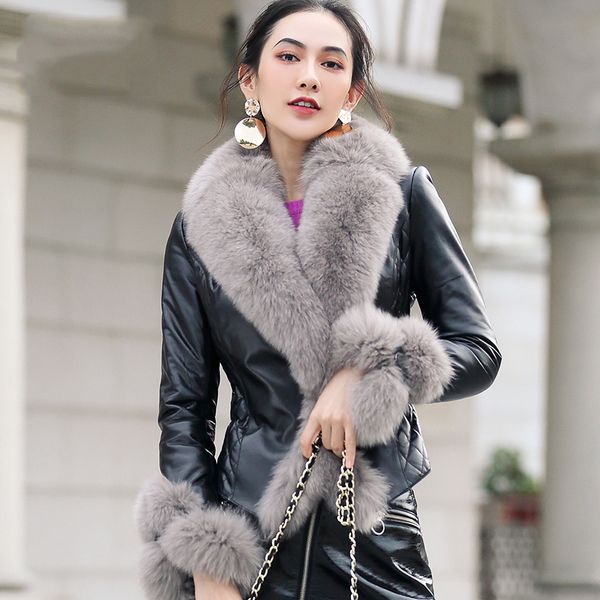 

women s fur faux fashion women genuine sheepskin leather jacket with big fur collar autumn winter lady female outwear coat 3xl 220926, Black