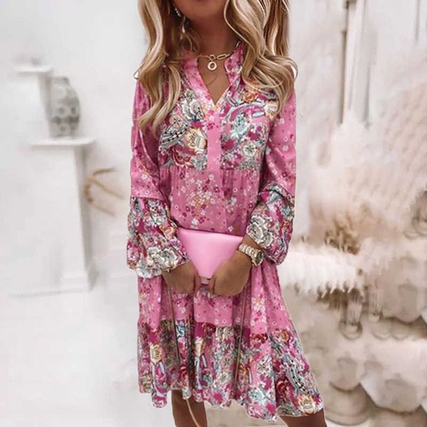 

casual dresses elegant retro floral print flare sleeve mini dress spring ruffle loose women party dress casual v neck beach pullover dresses, Black;gray