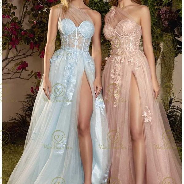 

party dresses tulle formal prom gown long sheer boning bodice one shoulder floral applique skirt leg slit prom formal gala dress evening par, White;black