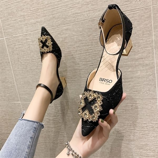 

dress shoes mid heeled sandals women diamond pointed thin baotou banquet high womens 220923, Black