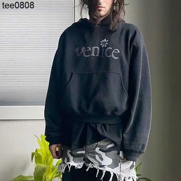

erl venice trendy letter foam printing high street wash used thin hoodie, Black