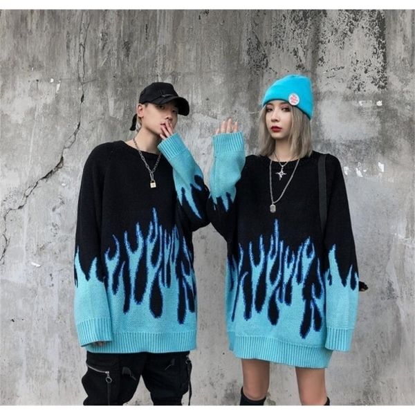 

men's sweaters knitted blue flame sweater gentle japanese thick autumn and winter print male female hip hop loose couple outfit 220924, White;black