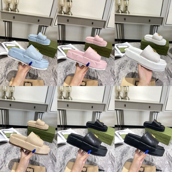 

italy double g platform slide sandal embroidered thick bottom slipper shoes men women monograms alphabet sheepskin leather slides high heel, Black
