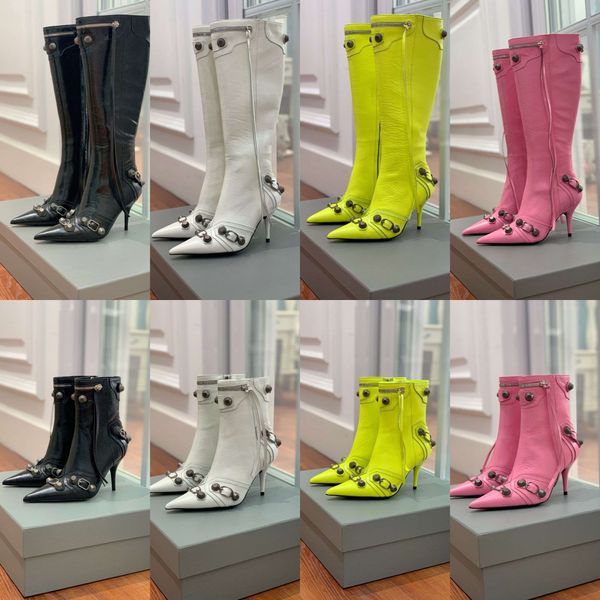 

boots designer cagole red carpet boots lambskin leather black fine grain lambskin women knee high heels stud buckle embellished side zip poi