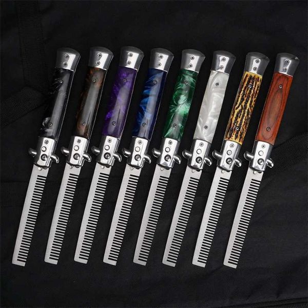 

hair brushes 1pcs automatic stainless steel combs foldable knife brushes hair trimmer comb brush accessories butterfly mens pocket knife com, Silver