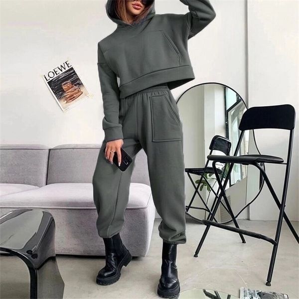 

women's two piece pants women hooded pullover sweatshirt pocket pants tracksuit autumn solid two piece sportswear set winter long sleev, White