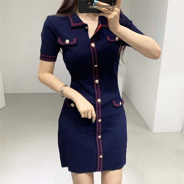 

casual dresses women mini knitted dress vintage metal buttons high waist sheath pencil dresses turn-down neck elegant dress office lady n237, Black;gray