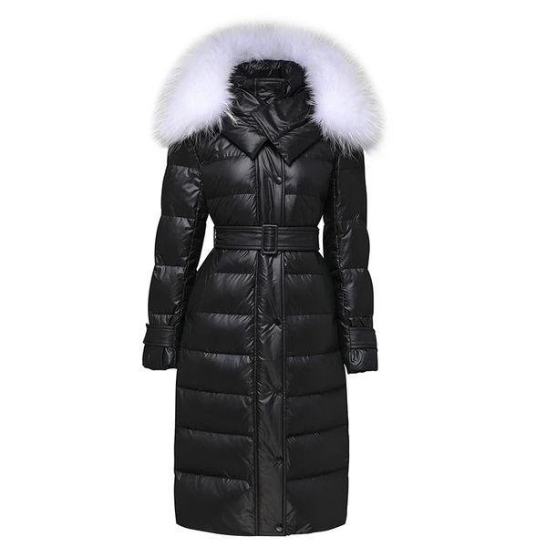 

womens winter down jacket thickened medium and long waist closing white duck lace up thin warm coat, Black
