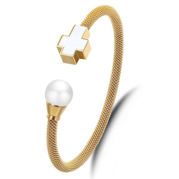 

ladies fashion white pearl cross charm gold plated wire stainless steel bracelet cuff bangle269y