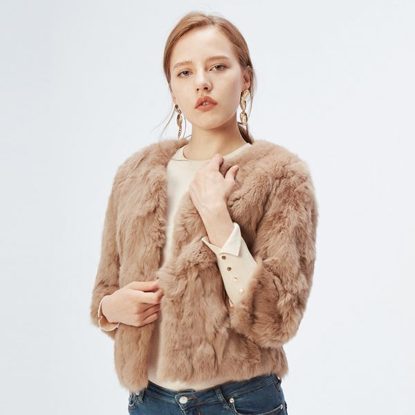 

women s fur faux full pelt jacket design rabbit coat natural wholeskin o neck fashion slim thin crop 220926, Black