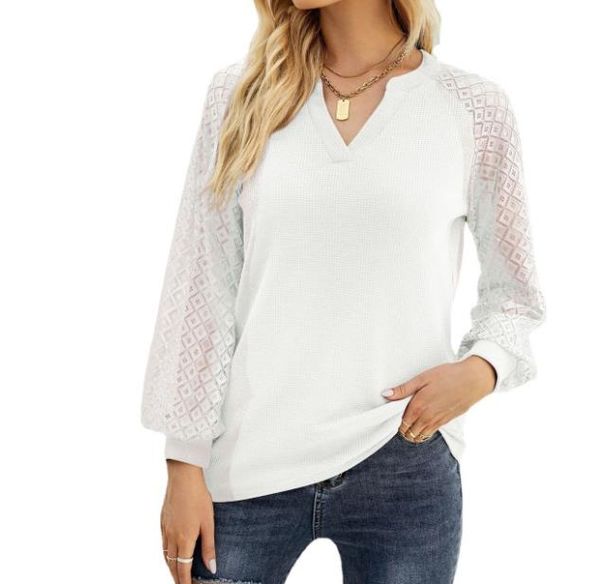 

women's t-shirt autumn/winter new waffle grace stitching long sleeve v neck, White
