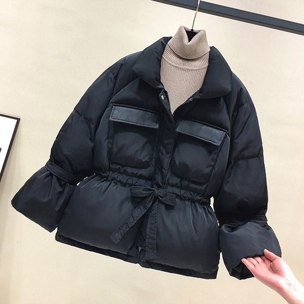 

women's down parkas leiouna thick warm hiphop cotton sleeve zipper jackets slim pockets fashion female winter parka women 220924, Black