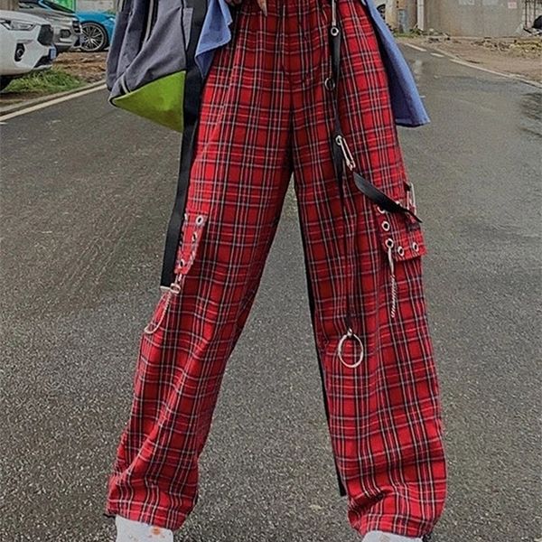 

women's pants capris houzhou punk cargo plaid women gothic harajuku red checkered wide leg trousers for female autumn streetwear hippie, Black;white