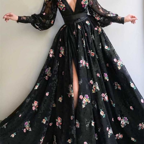 

party dresses black evening dresses long sleeves vneck appliques lace flowers formal dress high slit ready for party prom gowns 220923, White;black