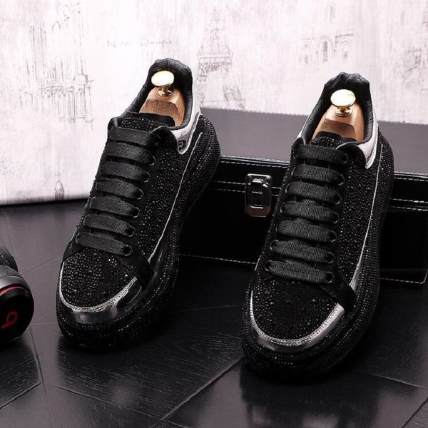 

summer autumn board social loafers lace up diamond trend skull sports wedding business shoes men casual leather sneakers 1h1, Black
