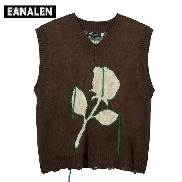 

men's sweaters harajuku vintage college boyfriend wind rose flower jumper knitted sweater vest korean sleeveless thick sweater grandpa, White;black