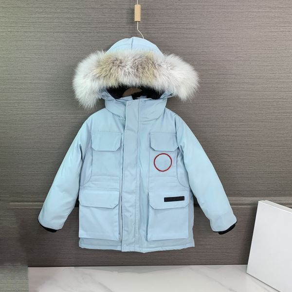 

2022 baby kids designer clothes down coats jacket kid clothe coat with badge hooded thick warm outwear girl boy girls outerwear classic par, Blue;gray