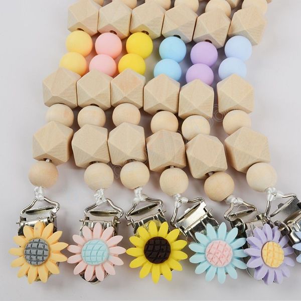

6 colors beech wooden silicone bead pacifier holders newborn pacifier chains clips sunflower baby teething soother kids chew toys