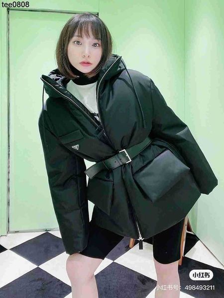 

prads classic 22 23 autumn and winter new classic triangle iron label filled full hooded warm cotton jacket with waist, Black