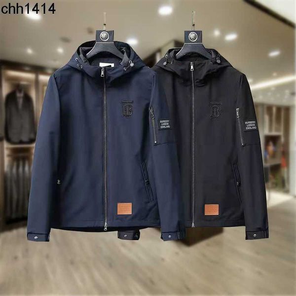 

european spring and autumn men's jacket thin high version tb embroidery outdoor casual windproof hooded windbreaker jacket, Black
