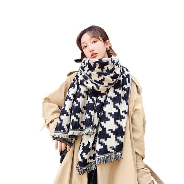 

scarf female autumn and winter new classic thousand bird lattice imitation cashmere shawl dual purpose thickened warm, Blue;gray