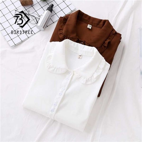 

women's blouses shirts arrival solid peter pan ruched collar white shirt lantern sleeve button up casual brown sweet blouse feminina bl
