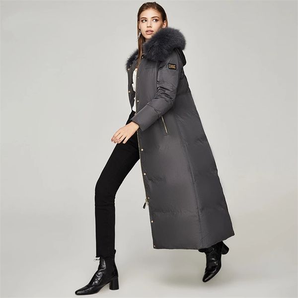 

fox fur collar down jacket womens winter white duck long section over-the-knee thick coats, Black