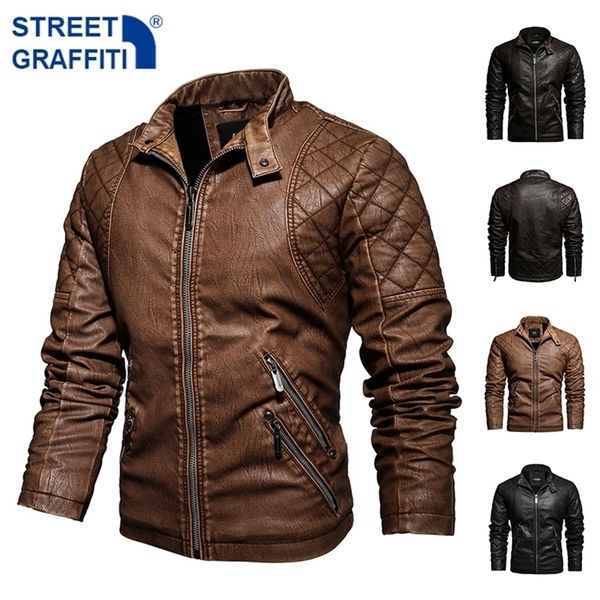 

men's leather faux mens motorcycle jacket autumn winter men pu s casual embroidery biker coat zipper fleece 220924, Black
