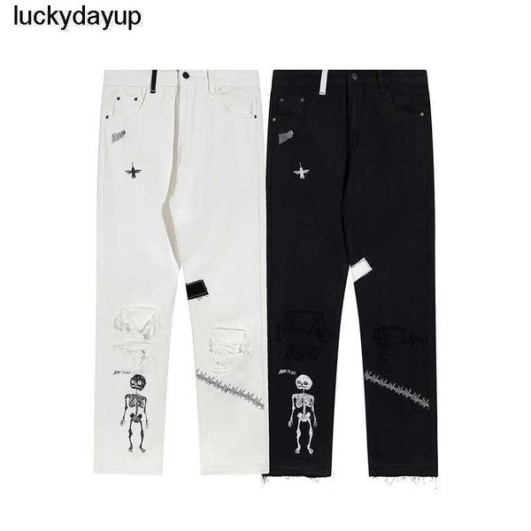 

new men's jeans designer winter galery dept hand-painted small skeleton printed fashion streetwear jeans, Blue