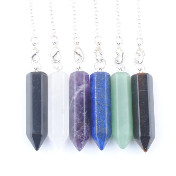 

reiki healing pendulum natural quartz pendants hexagonal column prism reiki stone amulet chains charm jewelry bn429, Silver