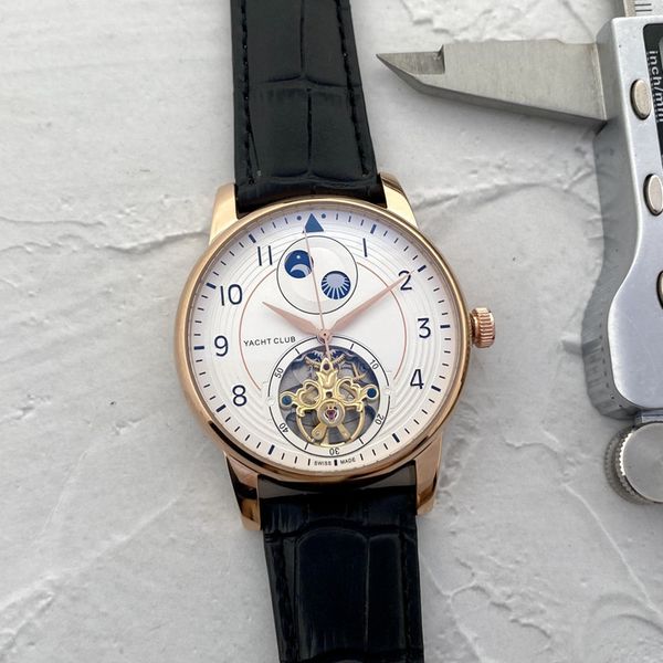 

men watch stainless steel tourbillon three stitches 42mm luxury brand automatic mechanical watches leather strap fashion moon phase, Slivery;brown