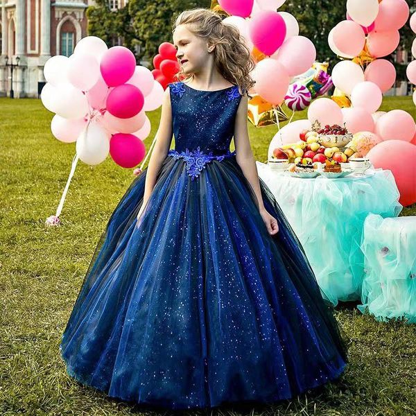 

new appliques princess blue star flower girl' dresses with train pageant formal ball gown floor length dress for toddlers kids birthda, White;blue