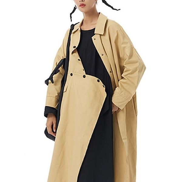 

women's trench coats xitao fashion asymmetrical splicing trench simplicity casual cartoon print spring autumn allmatch women coat gwj21, Tan;black