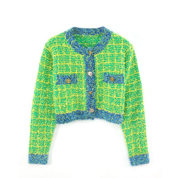 

906 l 2022 milan runway autumn women sweater brand same style long sleeve green purple cardigan crew neck womens yuecheng, White;black
