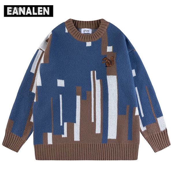 

men's sweaters harajuku retro contrast color jumper sweater men's oversized winter cute squirrel knit sweater grandpa ugly sweater, White;black
