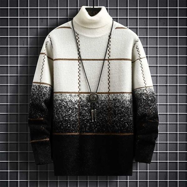 

men's sweaters winter fashion mink cashmere sweater turtleneck brand plaid pullover thick warm s christmas 220923, White;black
