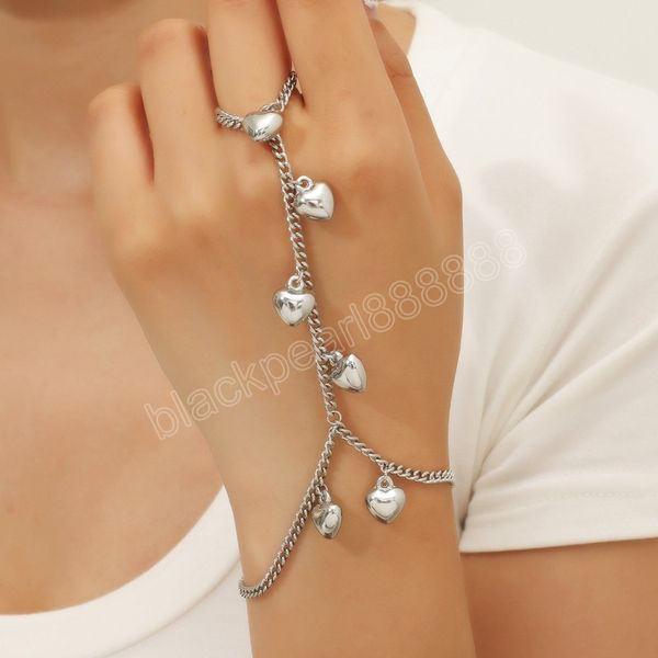 

simple vintage silver color metal heart charms bracelet for women hand finger chain slave bracelets party jewelry gift, Golden;silver