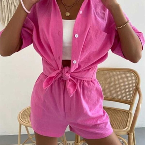 

women's blouses shirts summer elegant cotton linen two piece set women casual button tshirt elastic waist shorts set lady fashion solid, White