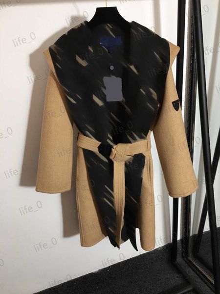 

fashion designer womens woolen coats brand solid color lace-up hooded jacket wool blends casual thickening warm women coat, Black